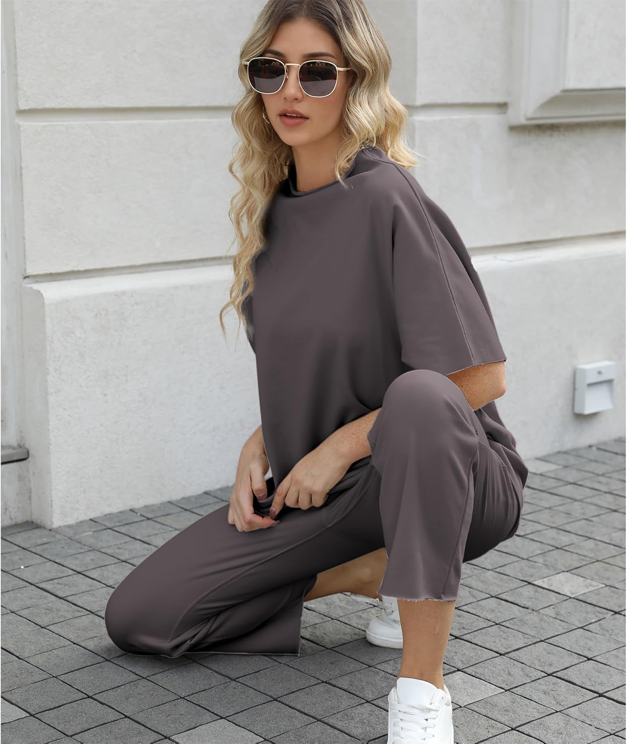 Women's 2-Piece Lounge Set – 3/4 Batwing Sleeve Capelet Top & Wide-Leg Pants