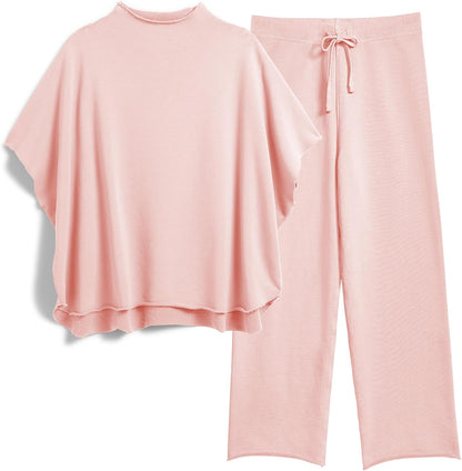 Women's 2-Piece Lounge Set – 3/4 Batwing Sleeve Capelet Top & Wide-Leg Pants