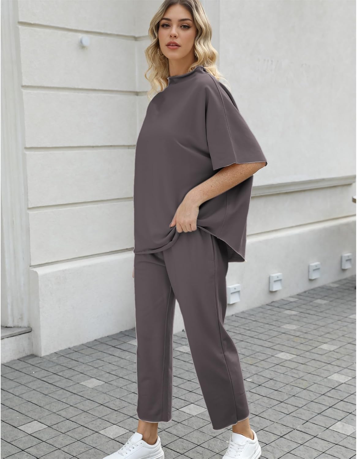 Women's 2-Piece Lounge Set – 3/4 Batwing Sleeve Capelet Top & Wide-Leg Pants