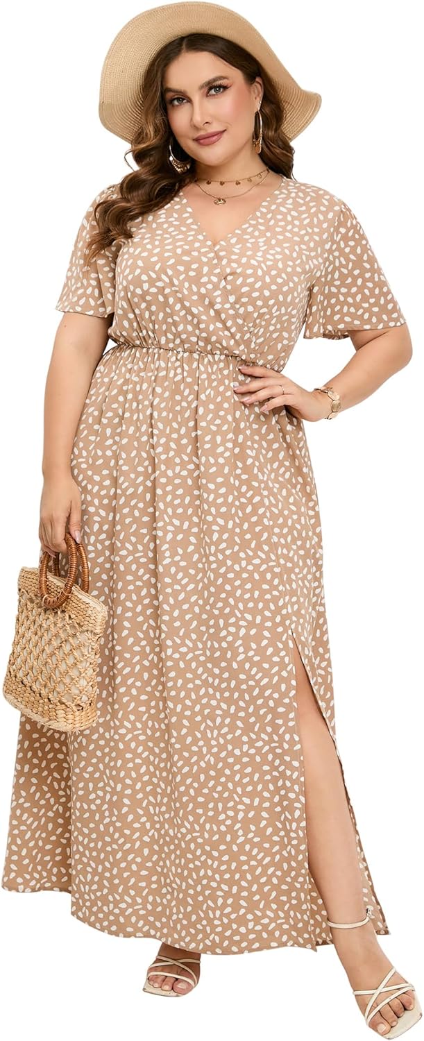 Women Plus Size Wrap Empire Waist Side Split A Line Casual Dress