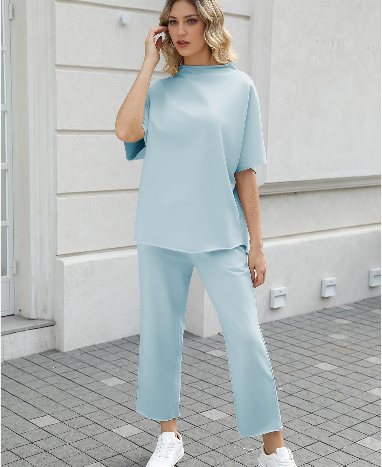 Women's 2-Piece Lounge Set – 3/4 Batwing Sleeve Capelet Top & Wide-Leg Pants