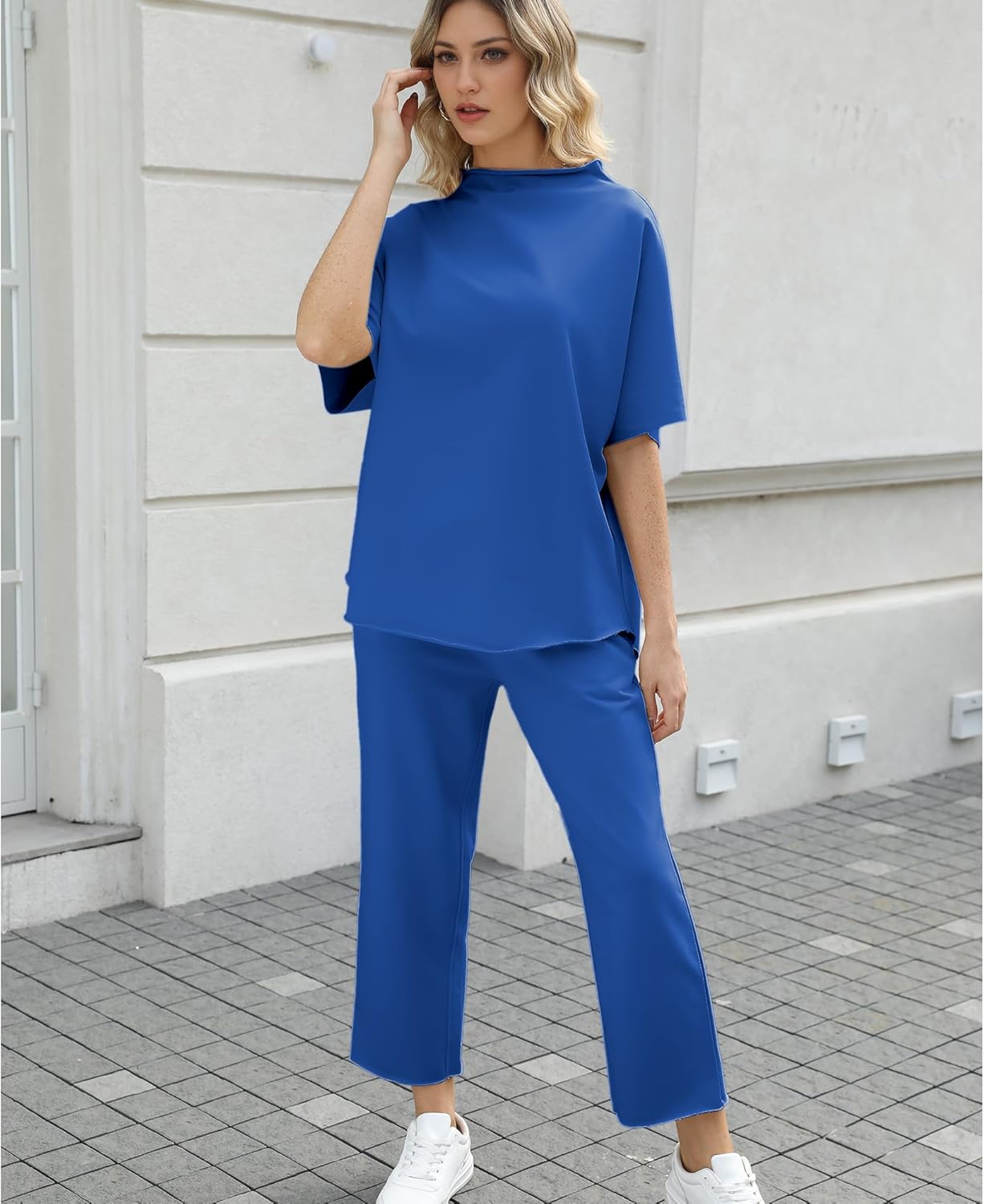 Women's 2-Piece Lounge Set – 3/4 Batwing Sleeve Capelet Top & Wide-Leg Pants