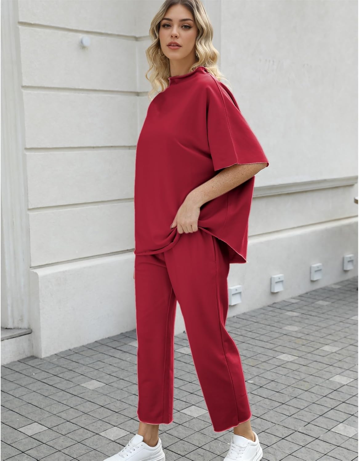 Women's 2-Piece Lounge Set – 3/4 Batwing Sleeve Capelet Top & Wide-Leg Pants