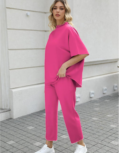 Women's 2-Piece Lounge Set – 3/4 Batwing Sleeve Capelet Top & Wide-Leg Pants