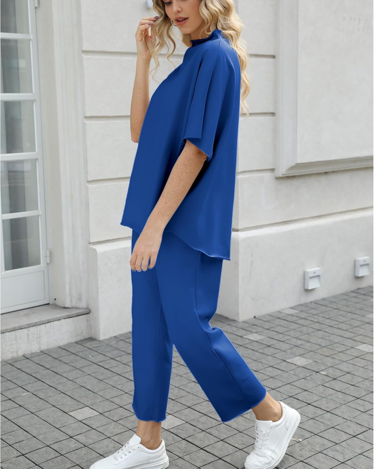 Women's 2-Piece Lounge Set – 3/4 Batwing Sleeve Capelet Top & Wide-Leg Pants