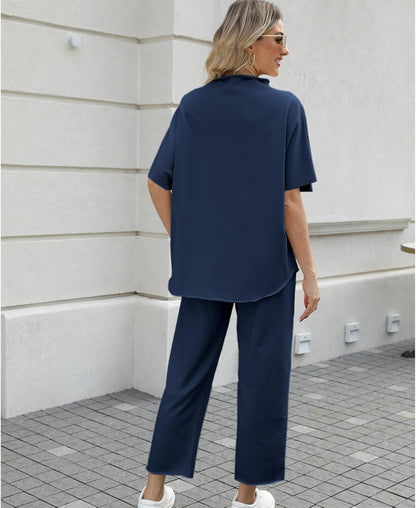 Women's 2-Piece Lounge Set – 3/4 Batwing Sleeve Capelet Top & Wide-Leg Pants