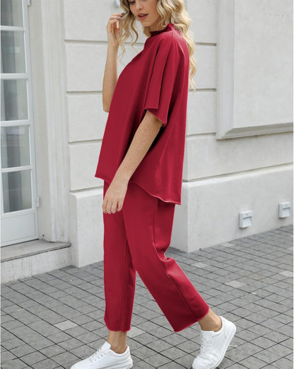 Women's 2-Piece Lounge Set – 3/4 Batwing Sleeve Capelet Top & Wide-Leg Pants