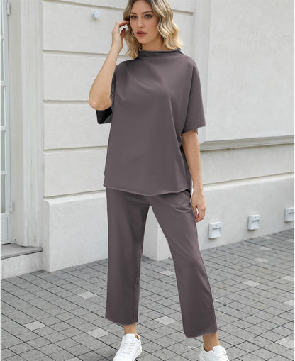 Women's 2-Piece Lounge Set – 3/4 Batwing Sleeve Capelet Top & Wide-Leg Pants