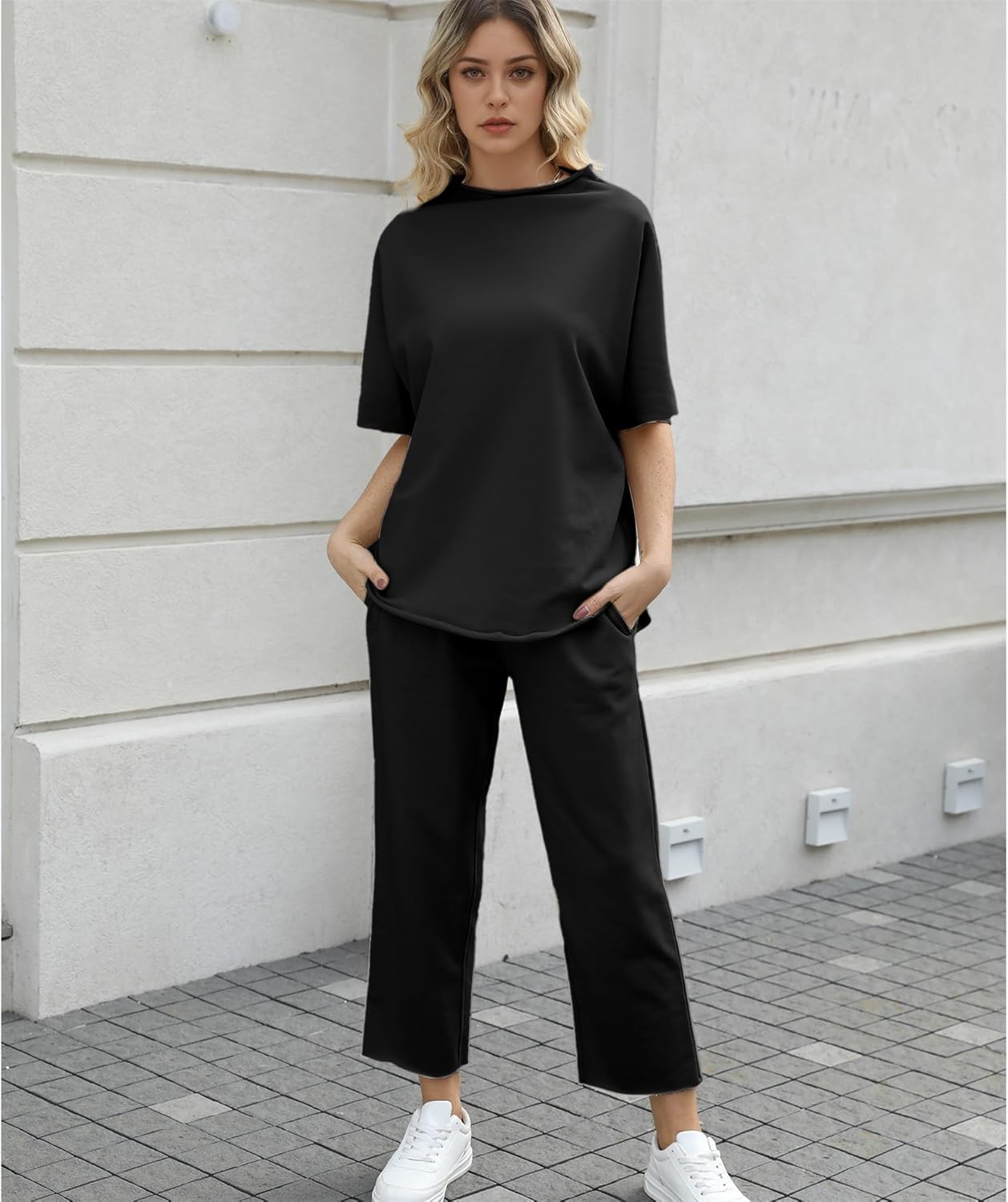 Women's 2-Piece Lounge Set – 3/4 Batwing Sleeve Capelet Top & Wide-Leg Pants