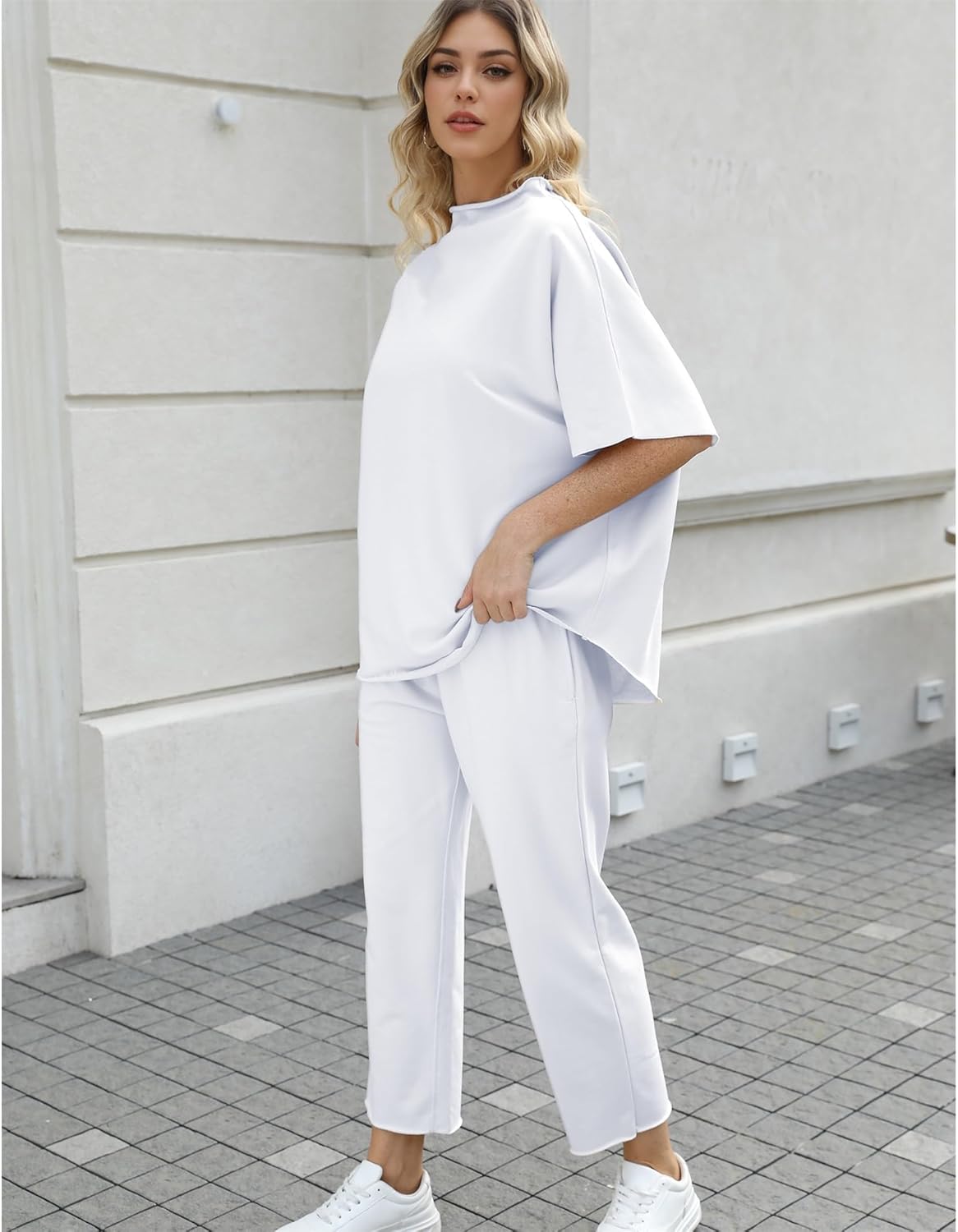 Women's 2-Piece Lounge Set – 3/4 Batwing Sleeve Capelet Top & Wide-Leg Pants