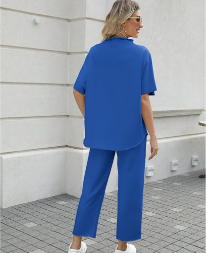 Women's 2-Piece Lounge Set – 3/4 Batwing Sleeve Capelet Top & Wide-Leg Pants