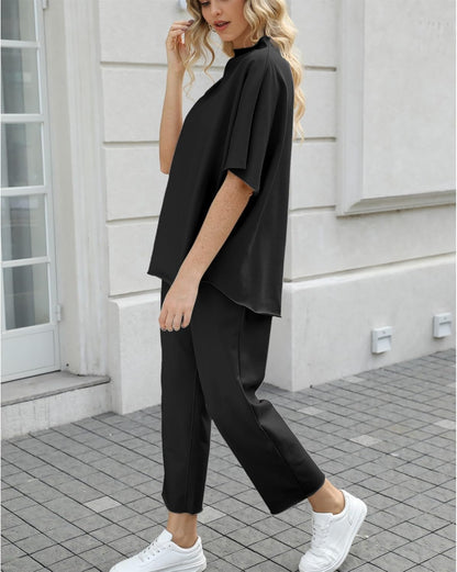 Women's 2-Piece Lounge Set – 3/4 Batwing Sleeve Capelet Top & Wide-Leg Pants