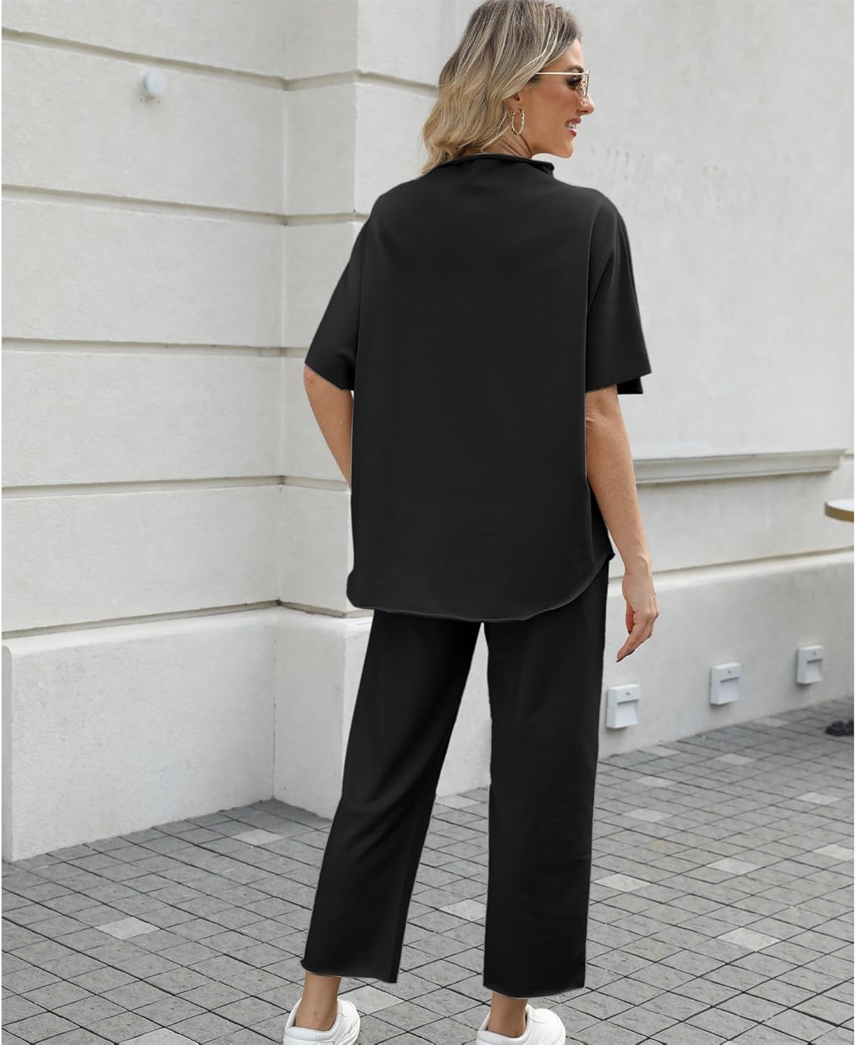 Women's 2-Piece Lounge Set – 3/4 Batwing Sleeve Capelet Top & Wide-Leg Pants