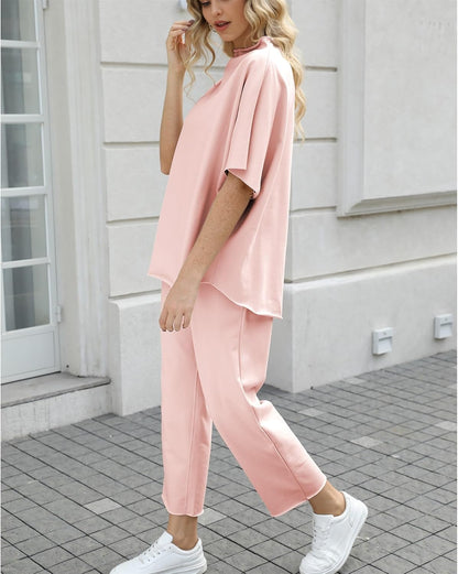 Women's 2-Piece Lounge Set – 3/4 Batwing Sleeve Capelet Top & Wide-Leg Pants