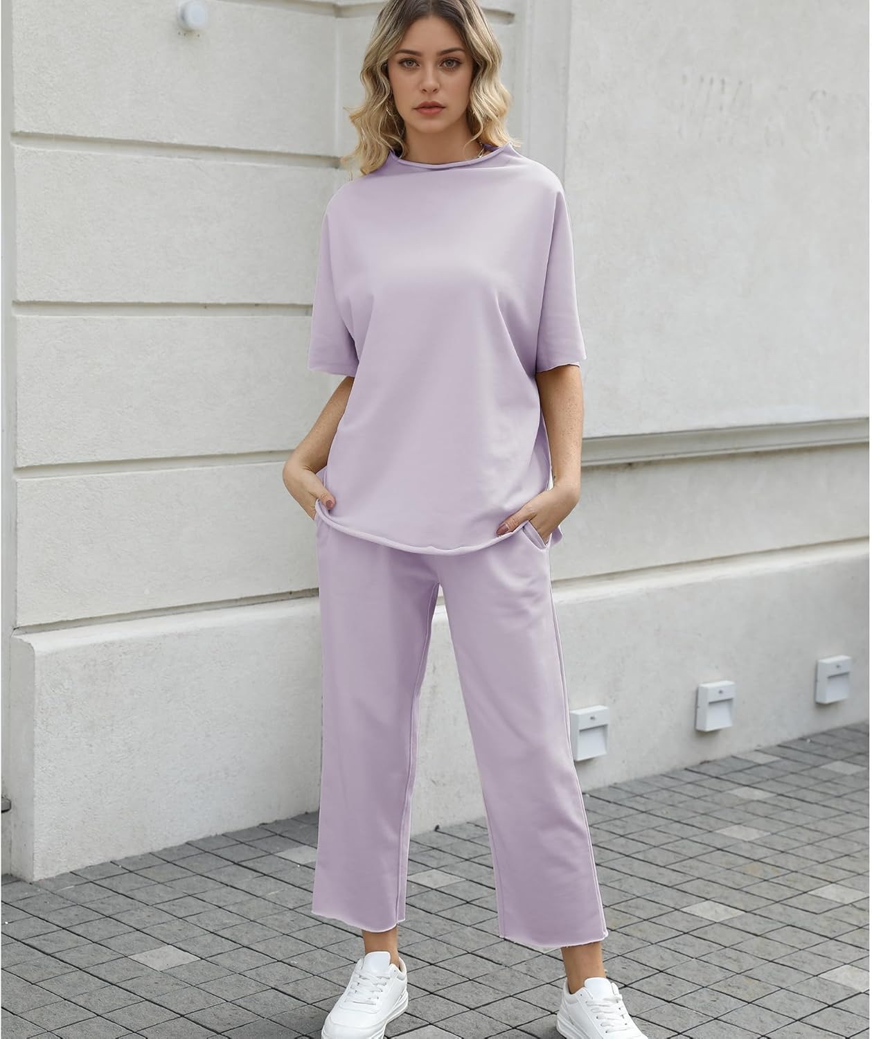 Women's 2-Piece Lounge Set – 3/4 Batwing Sleeve Capelet Top & Wide-Leg Pants