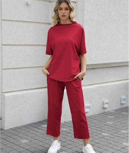 Women's 2-Piece Lounge Set – 3/4 Batwing Sleeve Capelet Top & Wide-Leg Pants