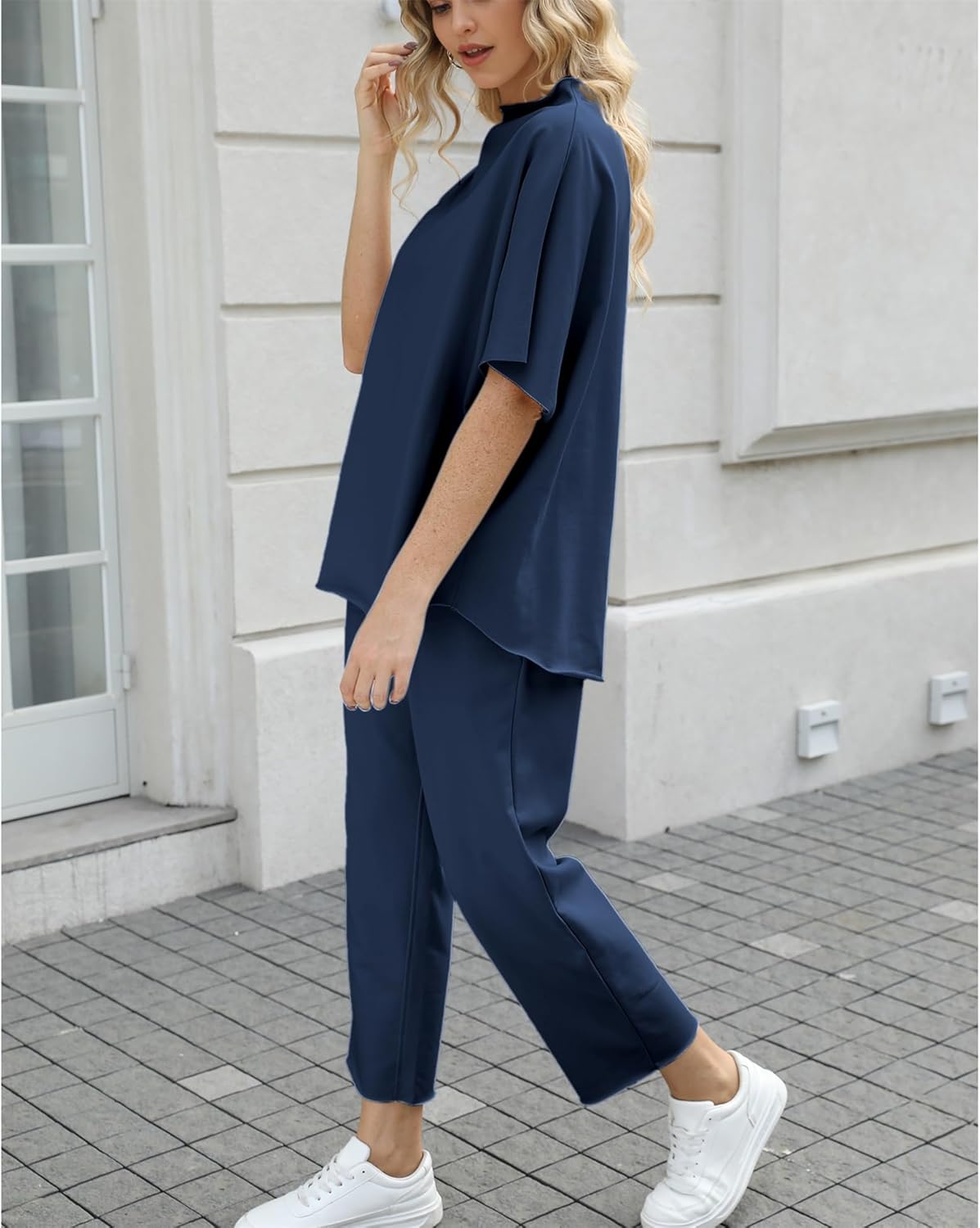 Women's 2-Piece Lounge Set – 3/4 Batwing Sleeve Capelet Top & Wide-Leg Pants
