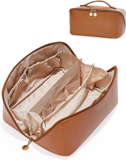 EACHY Travel Makeup Bag, Large Capacity Cosmetic Bag for Women, Waterproof PU Leather, Flat Open Portable Toiletry Bag for Skincare, Brushes & Travel Essentials