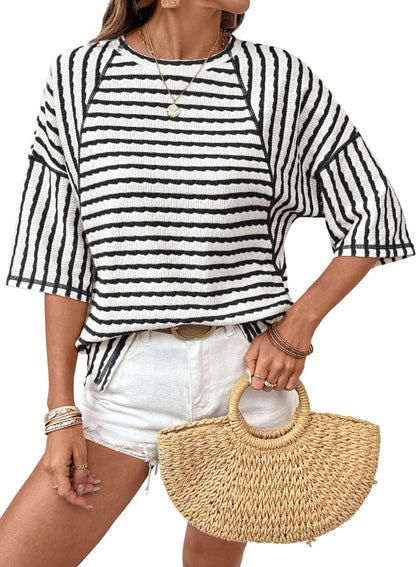 Women's Oversized Striped Color Block Summer T-Shirt