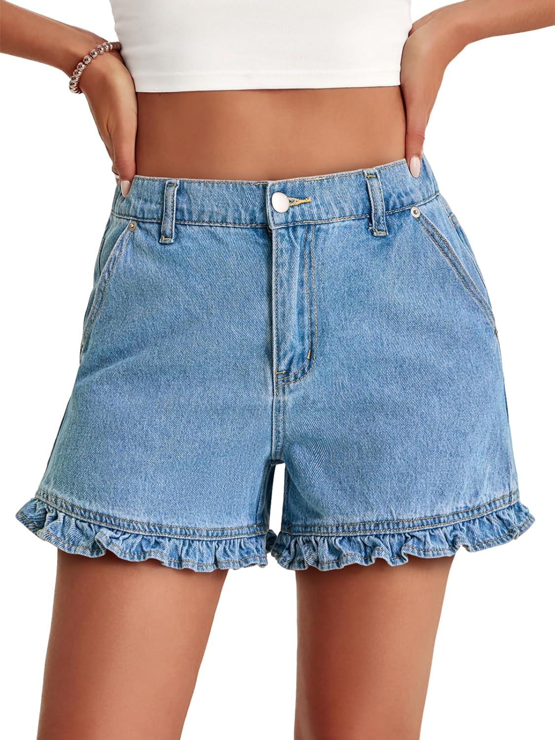 High Waisted Ruffle Denim Shorts with Pockets
