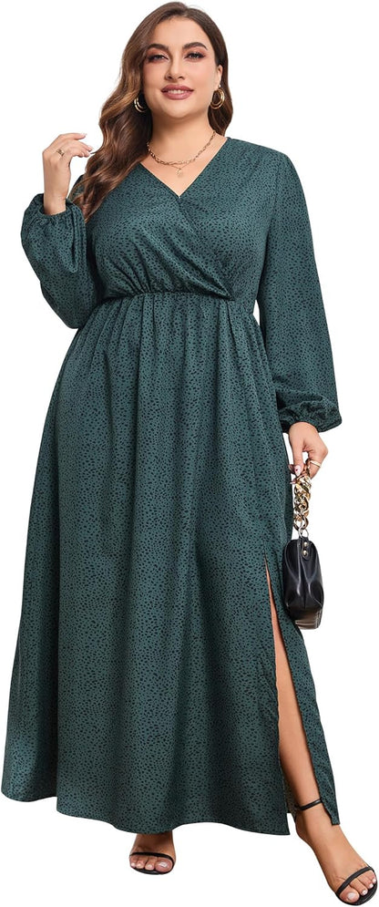 Women Plus Size Wrap Empire Waist Side Split A Line Casual Dress