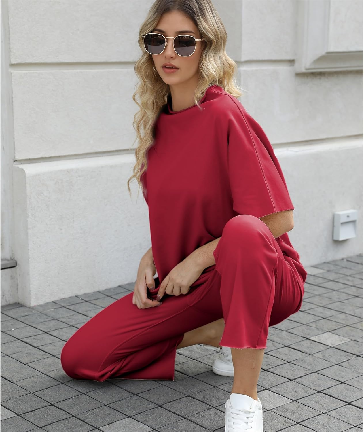Women's 2-Piece Lounge Set – 3/4 Batwing Sleeve Capelet Top & Wide-Leg Pants