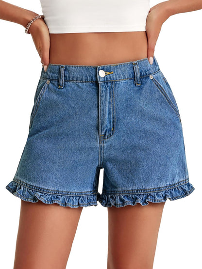 High Waisted Ruffle Denim Shorts with Pockets