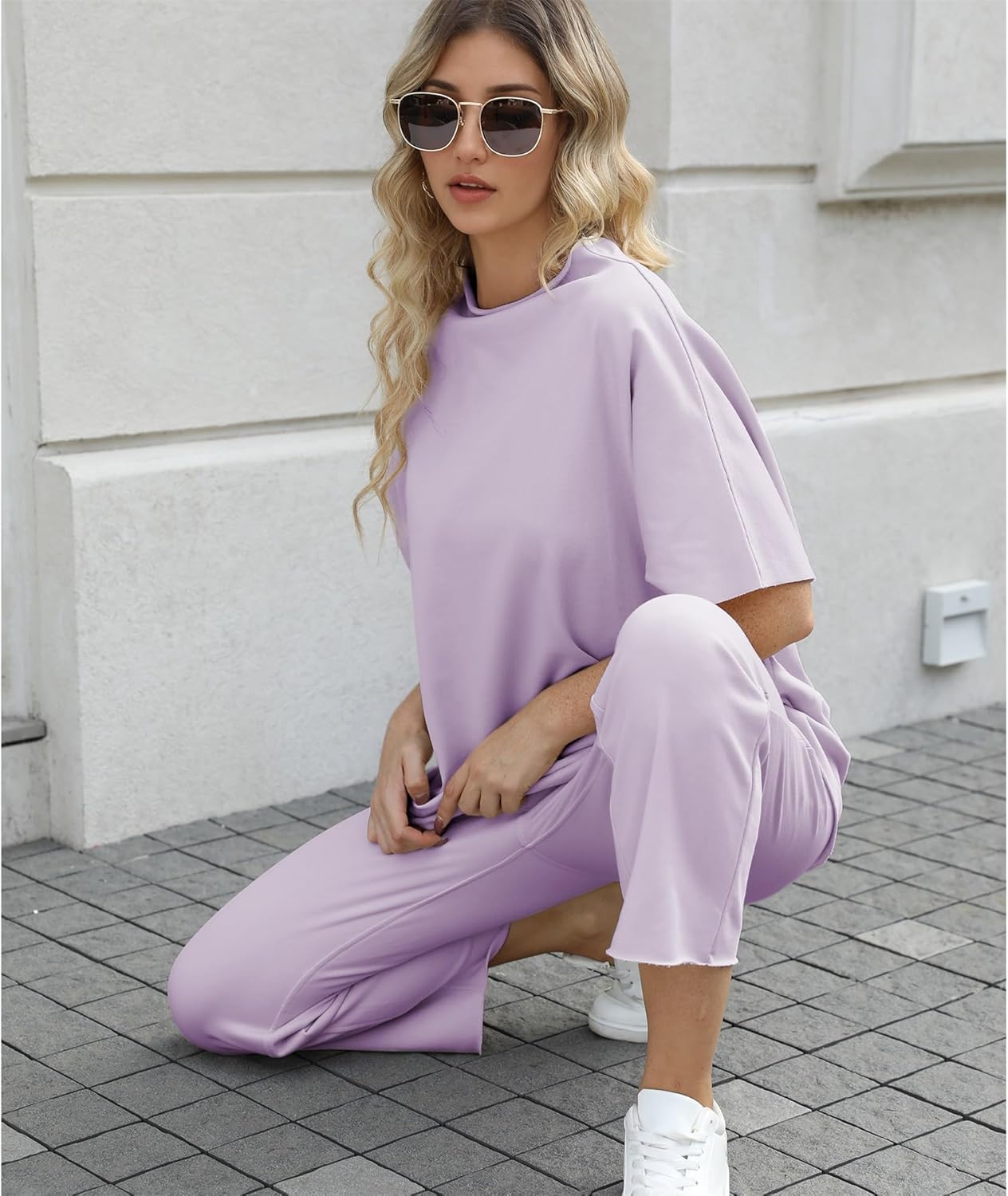 Women's 2-Piece Lounge Set – 3/4 Batwing Sleeve Capelet Top & Wide-Leg Pants