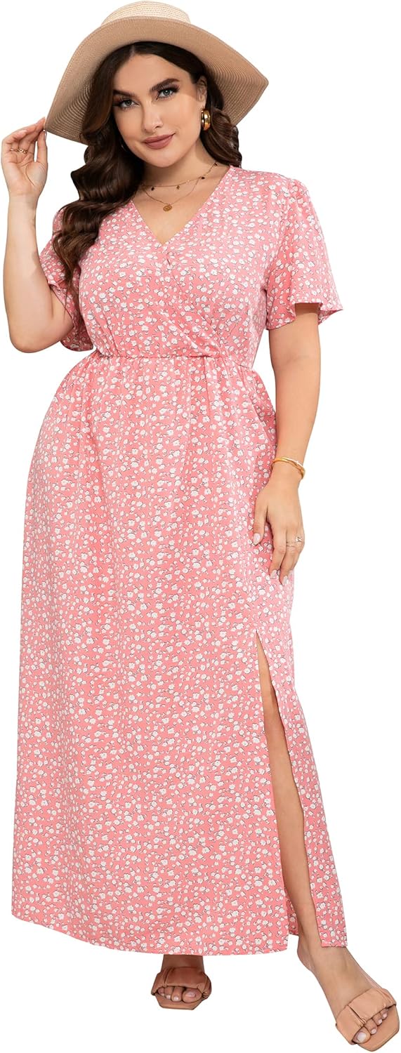 Women Plus Size Wrap Empire Waist Side Split A Line Casual Dress