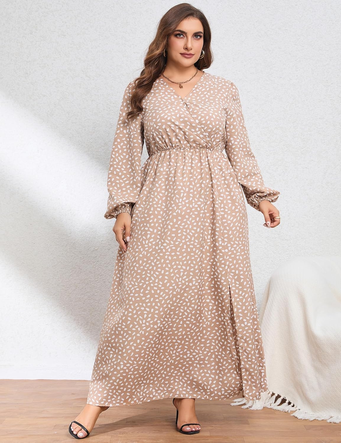 Women Plus Size Wrap Empire Waist Side Split A Line Casual Dress