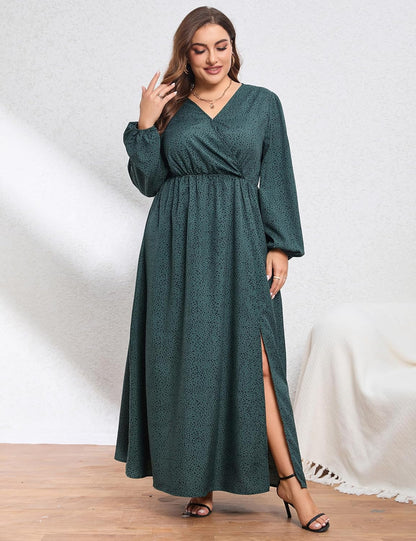 Women Plus Size Wrap Empire Waist Side Split A Line Casual Dress