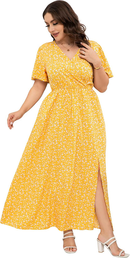 Women Plus Size Wrap Empire Waist Side Split A Line Casual Dress