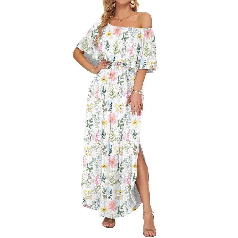 Women's Off The Shoulder Dress Wedding Guest Dress Summer Casual Long Ruffle Party Side Split Beach Maxi Dresses