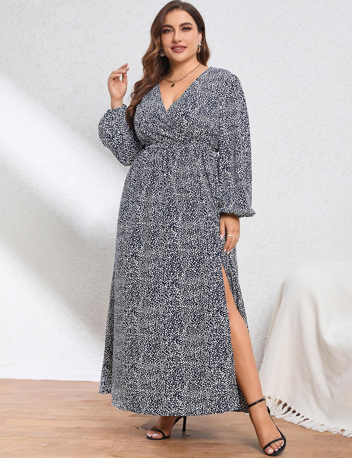Women Plus Size Wrap Empire Waist Side Split A Line Casual Dress