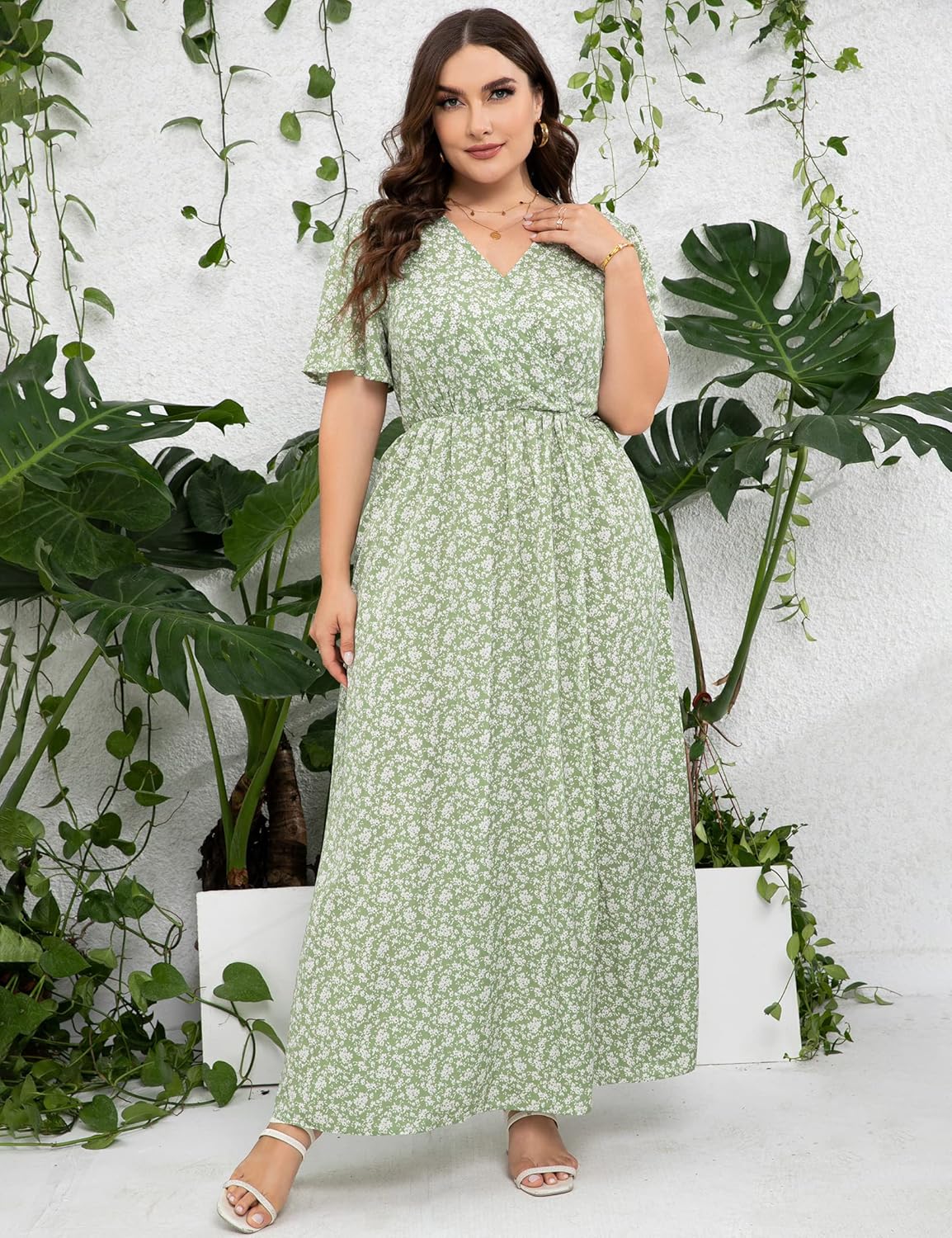 Women Plus Size Wrap Empire Waist Side Split A Line Casual Dress