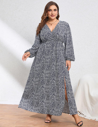 Women Plus Size Wrap Empire Waist Side Split A Line Casual Dress
