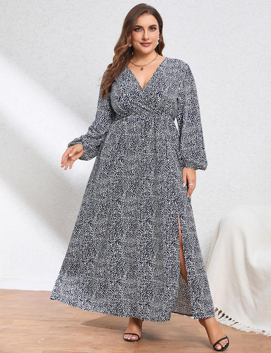 Women Plus Size Wrap Empire Waist Side Split A Line Casual Dress