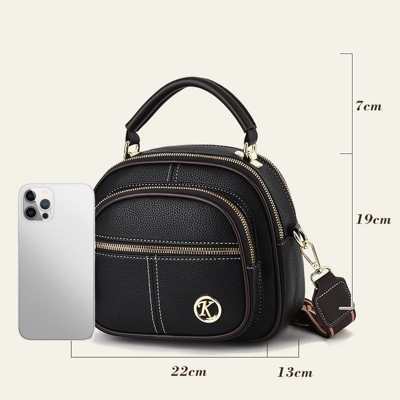 Classic Leather Crossbody Bag with Multifunctional Compartments & Adjustable Wide Strap