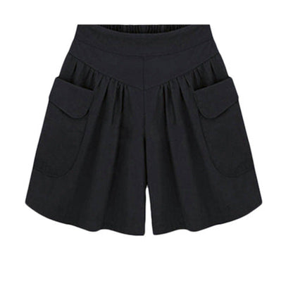 Women Summer Loose Casual Shorts Culottes Elastic Waist Wide Shorts with Pockets