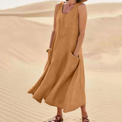 Last Day 49% OFF Women Cotton Linen Sundress Summer Sleeveless Loose Pocket Long Dress Buy 2 Get Free Shipping Today