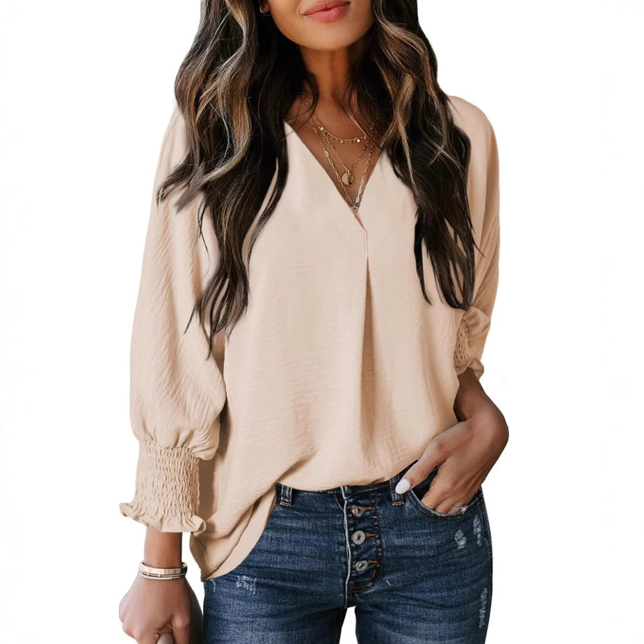 Women's Tight Loose Top V Neck Casual Loose Cropped Sleeve Shirt