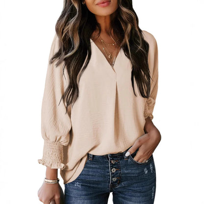 Women's Tight Loose Top V Neck Casual Loose Cropped Sleeve Shirt