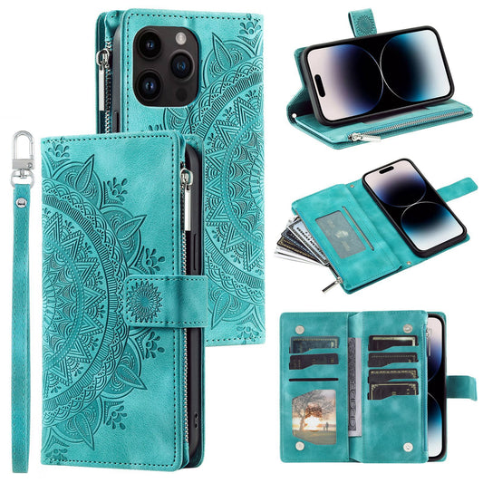 Luxury Leather Embossed Card Slots Zipper Wallet Case for iPhone