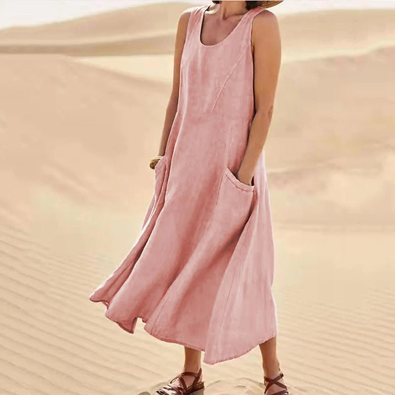 Last Day 49% OFF Women Cotton Linen Sundress Summer Sleeveless Loose Pocket Long Dress Buy 2 Get Free Shipping Today