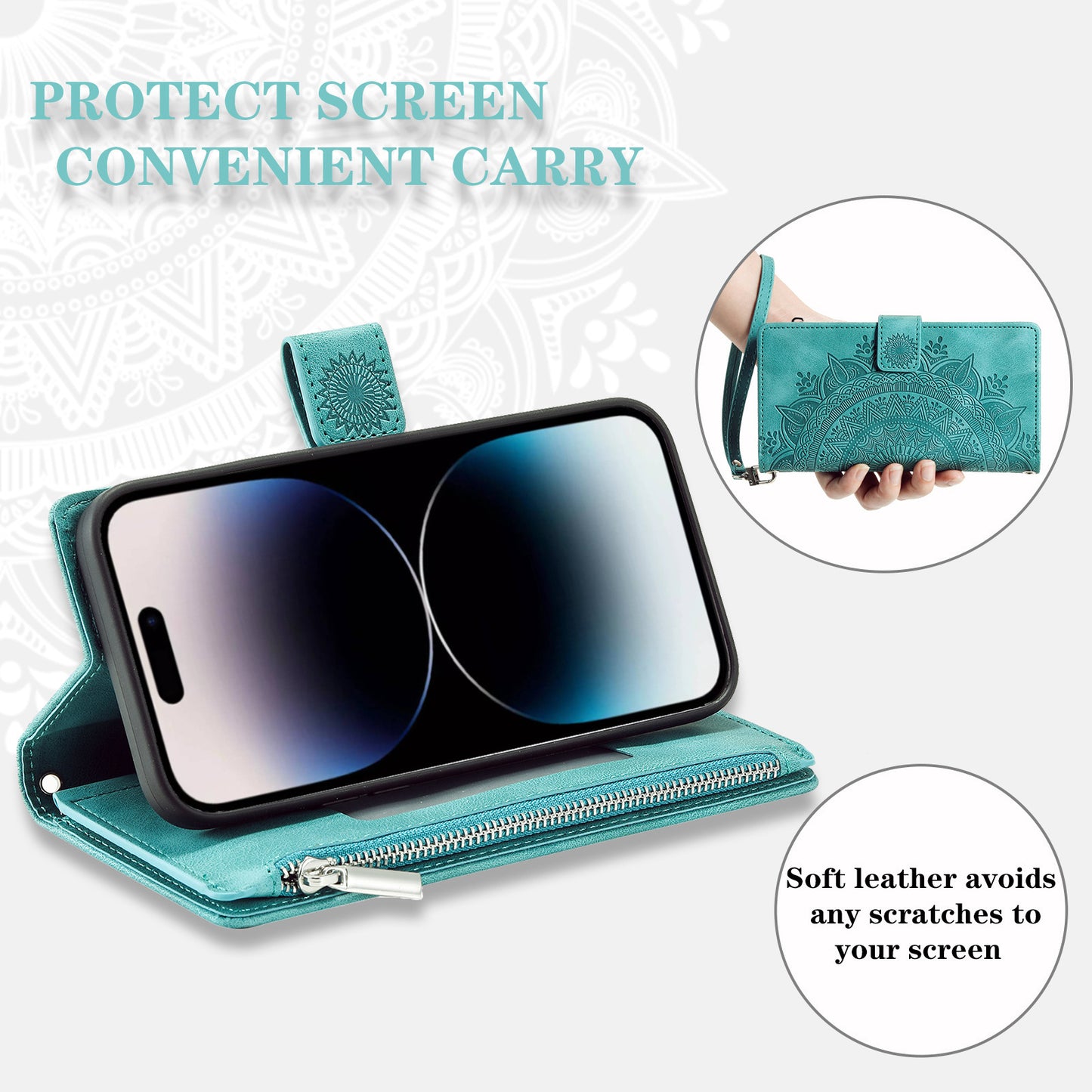 Luxury Leather Embossed Card Slots Zipper Wallet Case for iPhone