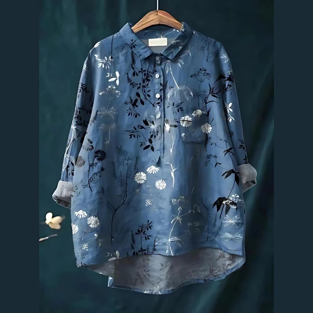 Women'S Tops V-Neck Printed Exquisite Linen Shirt
