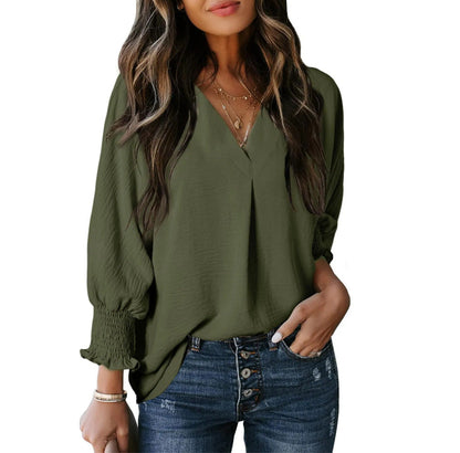 Women's Tight Loose Top V Neck Casual Loose Cropped Sleeve Shirt