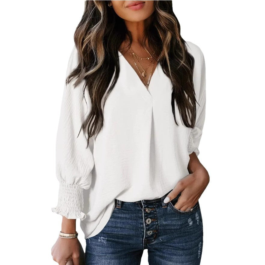 Women's Tight Loose Top V Neck Casual Loose Cropped Sleeve Shirt
