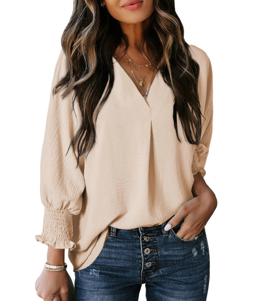 Women's Tight Loose Top V Neck Casual Loose Cropped Sleeve Shirt