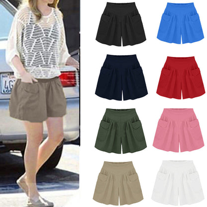 Women Summer Loose Casual Shorts Culottes Elastic Waist Wide Shorts with Pockets